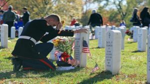 Soldier Kneeling at Grave Honoring Sacrifices for Fourth of July